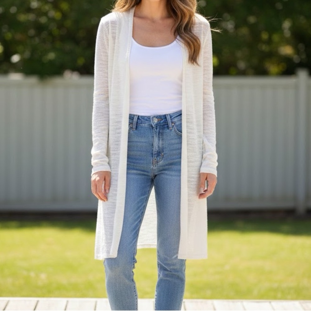 Athleta Ivory Linen Blend Knit Open Cardigan Large